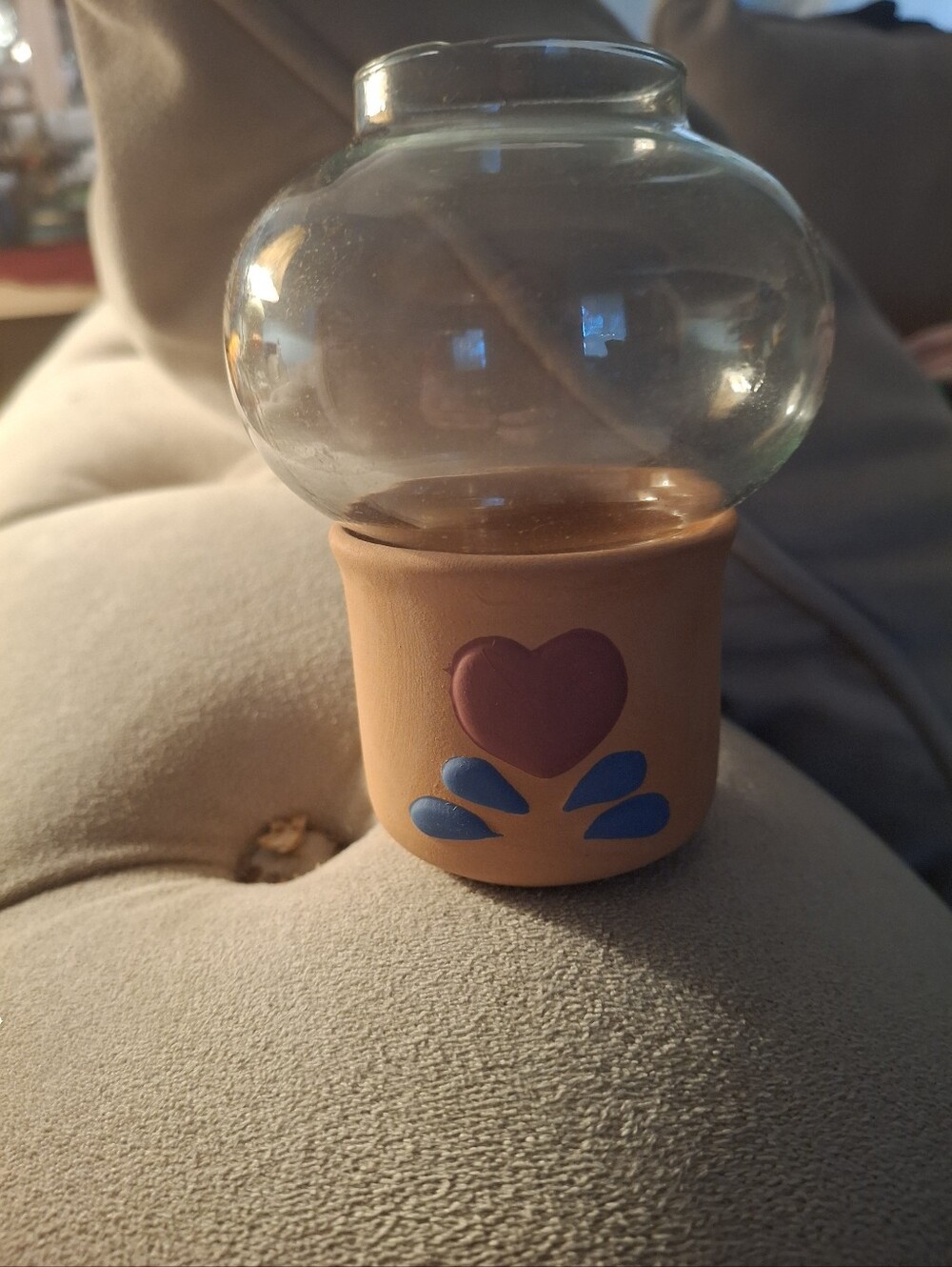 Terracotta Glass Globe Planter with Purple Heart and Blue Accents With Candle 4